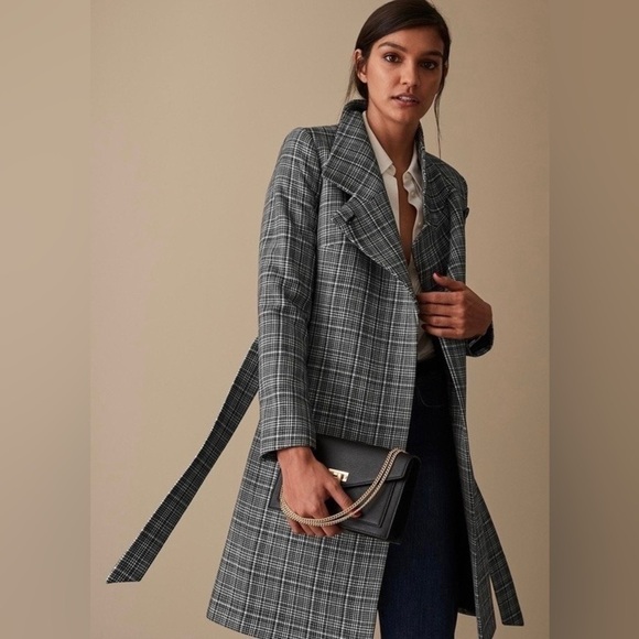 Reiss Hardie Plaid Wool Blend Coat Black White Checked 10 - Picture 2 of 13